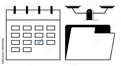 Calendar page with marked date next to an open file folder balanced on scales. Ideal for time management, planning, documentation, organization, deadlines, work balance, and productivity concepts in