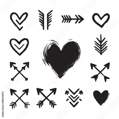 “Hand-Drawn Hearts and Arrows Vector Clipart Collection”