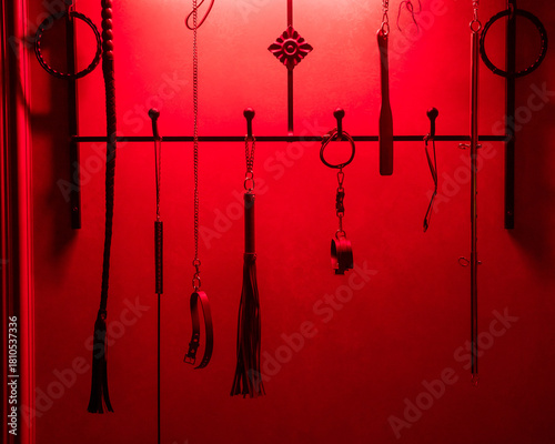 Tableau sur toile Collection of BDSM toys, whips in red light.