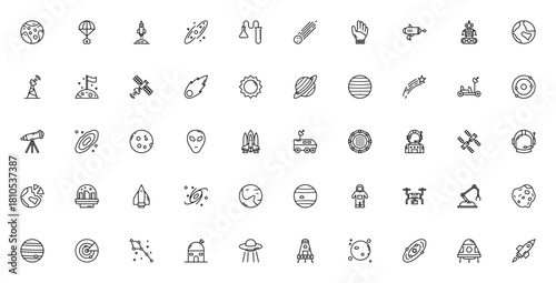 Space icon set. Vector illustration. Includes Mars, ocket, Galaxy, Astronaut, atellite, Black Hole, UFO,Solar System and more. Ediable stroke.