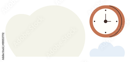 Brown clock with simple design next to large cloud and small blue cloud. Ideal for time, planning, simplicity, deadline, environment, balance, mindfulness. Clean flat metaphor