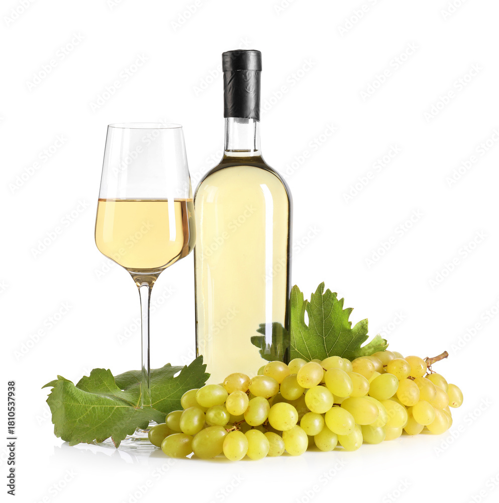 Fototapeta premium Luxurious white wine in bottle, glass and grapes isolated on white