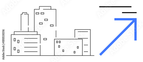 Minimalist cityscape of modern buildings paired with bold blue upward arrow. Ideal for urbanization, growth, progress, economics, innovation, business trends, and development concepts. Simple flat