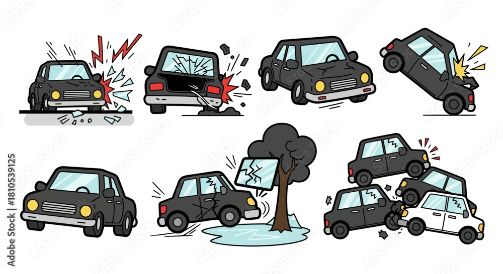 Naklejka premium Vector Car Accident Illustrations Set