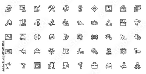 Engineering icon set. Vector illustration pack. Incldes symbols for constructin, AI, tools, machinery, bueprint, factory, robot, gar, technical support and ore. Editable stroke.