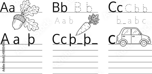 Alphabet learning and handwriting practice worksheet for kids. Features letters A, B, C, tracing guides, and line art for coloring.