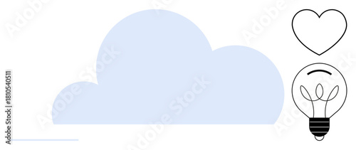 Blue cloud with a minimal heart and light bulb outline, signifying ideas, love, and cloud-based innovation. Ideal for technology, thought, love, sustainability, inspiration teamwork or energy