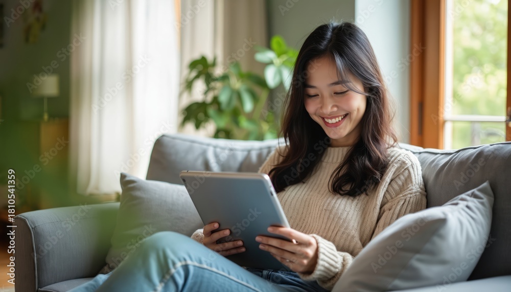 Naklejka premium Young Asian woman smiles while holding tablet on sofa. She uses digital device for work, leisure or study at home. Peaceful indoor scene with natural light and plants.