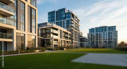 Wallpaper Mural Modern multi-story apartment complex bathed in warm golden sunlight, showcasing sleek architectural design, glass balconies, and lush green lawns. Torontodigital.ca