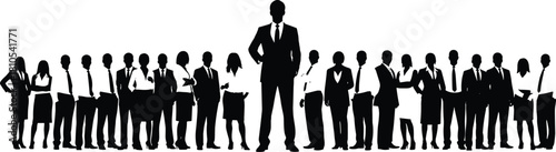 Business silhouettes with central leader figure in formal attire, symbolizing teamwork, hierarchy, and corporate leadership vector illustration theme.