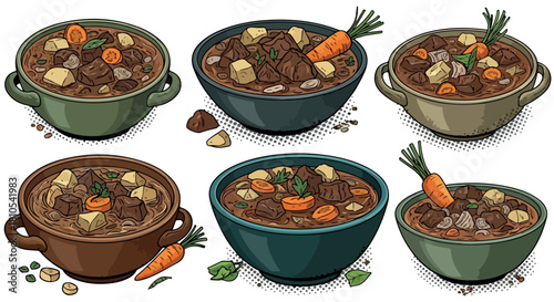 Hearty soup bowls with vegetables and meat