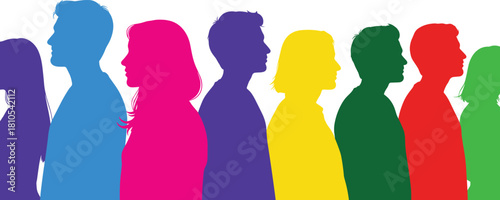 Colorful human silhouettes in side profile, diverse people standing in row for unity, demographic, and diversity-themed vector design.