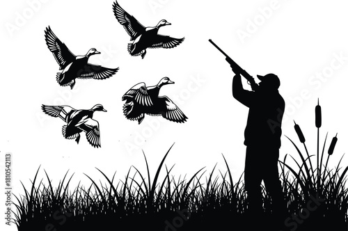 Duck hunting silhouette in marsh grass with flying ducks, shotgun aim scene for wildlife, outdoor sport, and nature vector themes.