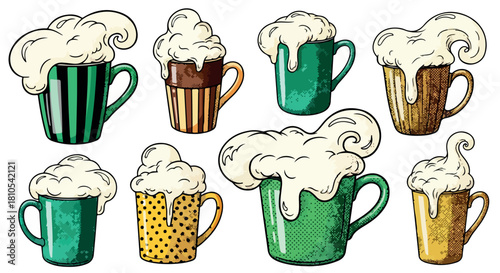 Coffee mugs with whipped cream, various patterns