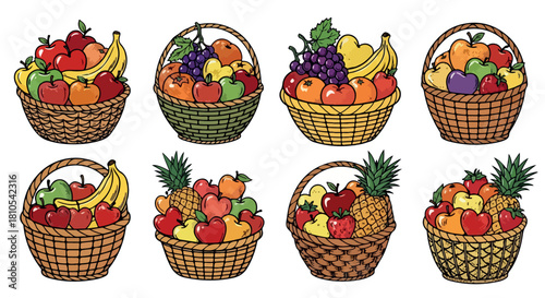 Fruit baskets with various fruits and colorful arrangements