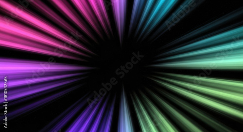 Abstract retro grainy background with blurred, distorted lens rays in vibrant pink, purple, blue, and green hues, creating a cosmic tunnel effect.