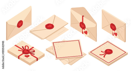 Sealed envelopes, postcards, and gifts with ribbons