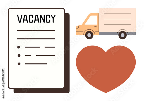Job vacancy document alongside a moving truck and a heart icon suggesting employment, relocation, and passion. Ideal for recruitment, career changes, relocation services, HR communication, job