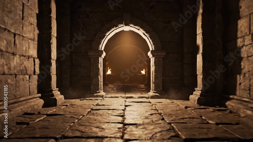 4k resolution image of a stone archway entrance with flickering torches in a dark, ancient dungeon with rough stone textures and cinematic lighting creating a