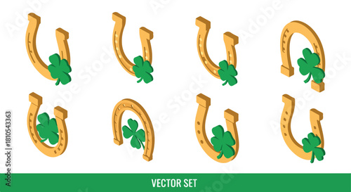 Horseshoes and clovers set with transparent background
