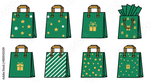 Green gift bags with various patterns for shopping