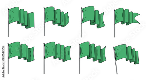Green flags waving in wind with transparent background