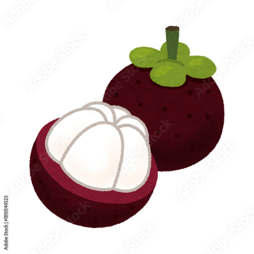 Whole and half-cut mangosteen fruit showing the purple rind and white, sweet inner flesh