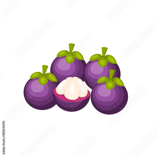 Group of purple mangosteen fruits, with one shown cut open revealing the white inner flesh