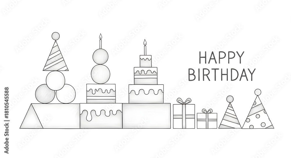 Fototapeta premium Minimalist birthday party decorations with cakes and gifts in line art
