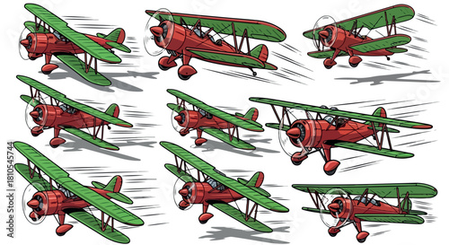 Red biplanes flying in formation