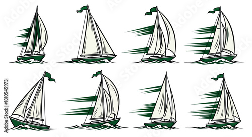 Sailing boats on water with green flags