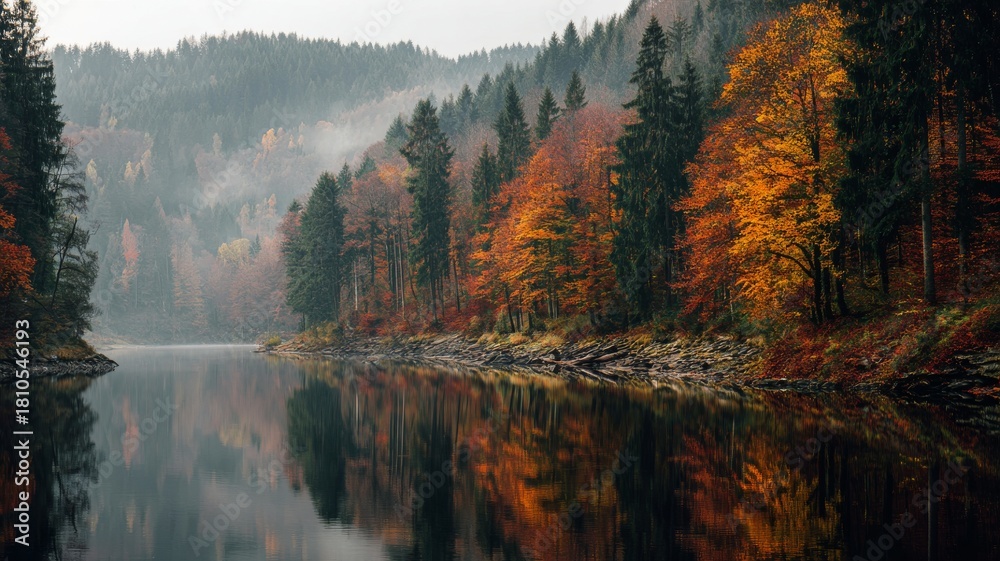 Fototapeta premium Autumn forest with vibrant orange and yellow foliage along the calm lake shore reflecting mountains and clear sky in a serene natural landscape