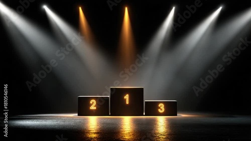 Illuminated podium with neon numbers 1, 2, and 3 under spotlights, a black background