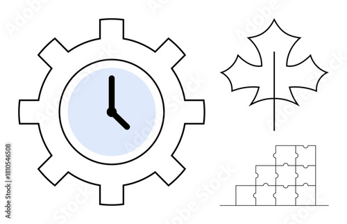 Time management concept. A gear with a clock highlights time management and productivity. Associated symbols include a maple leaf and puzzle pieces denoting nature and problem-solving connections