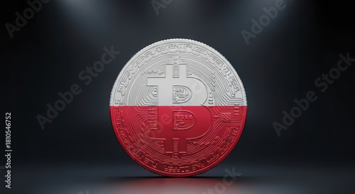 Unique 3D Bitcoin Coin Featuring Poland's National Flag on a Dark Background for Financial and Economic Presentations