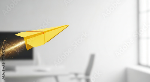 Bright yellow paper airplane with glowing trail soaring through modern office space, symbolizing innovative business solution concept and progress.