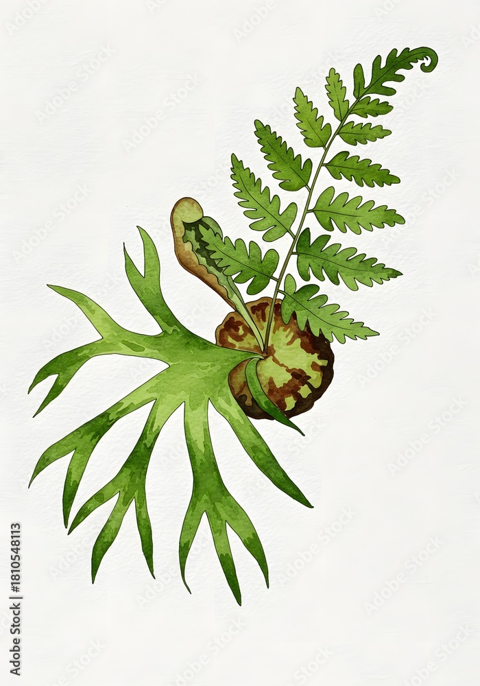 Obraz premium Watercolor Illustration of a Fern Frond and Spore Cluster