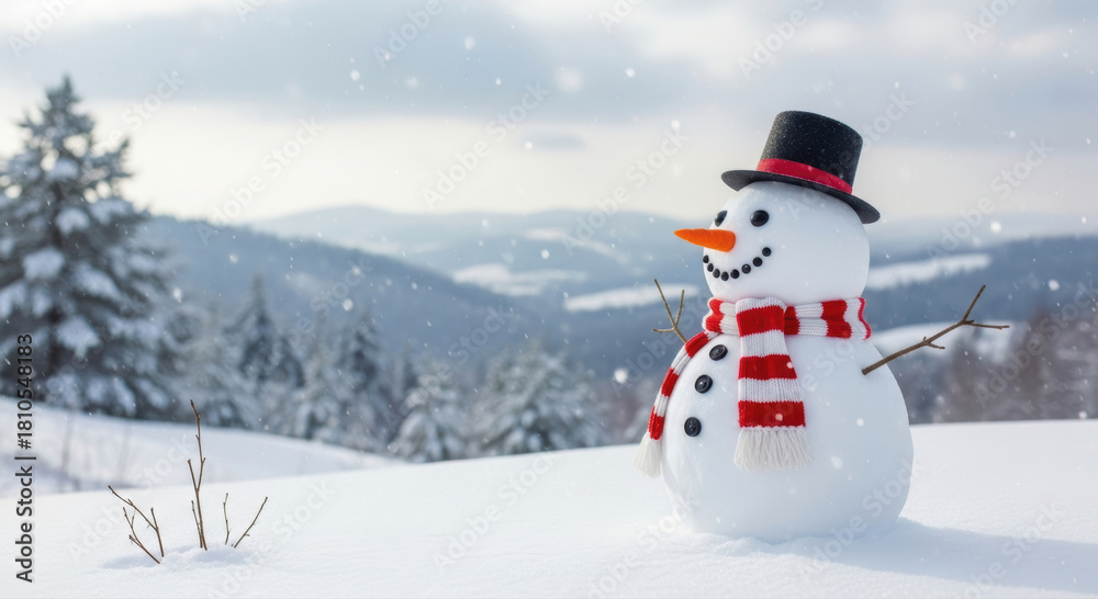 Obraz premium A cheerful snowman with a carrot nose and striped scarf stands proudly in a beautiful snowy winter landscape as snowflakes fall.