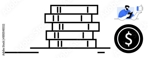 Stack of books symbolizes learning or investment dollar sign suggests finance or value. Person with a thumbs-up implies agreement or trust. Ideal for education, finance, trust, investment, learning