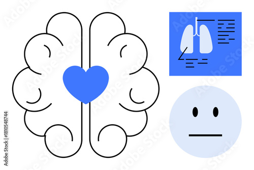 Brain with heart, respiratory system chart, and neutral face icon. Ideal for healthcare, mental health, emotional intelligence, medicine, diagnostics mindfulness education. Simple flat metaphor