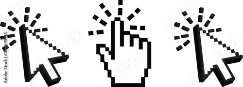 Pixelated cursor icon vector set, retro computer click symbols, black and white pointer design, digital interface illustration, user interaction graphic
