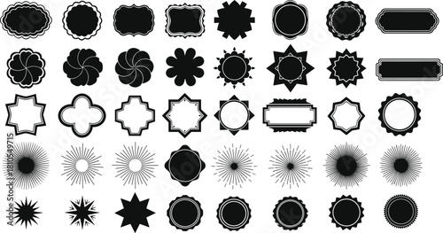 Big collection of decorative black shapes including vintage frames, sunbursts and badges, vector illustration set for logo design and sale labels.
