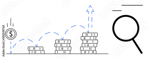 Coins stacked in ascending order, upward arrows indicating growth and magnified analysis. Ideal for investment, finance, progress, analysis, savings, success business planning. A simple flat