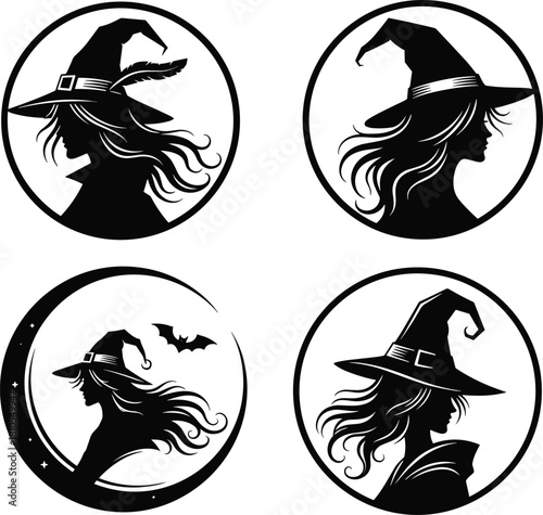 Black witch silhouette set, female profile with hat, Halloween sorceress vector illustration, magic lady head logo collection, moon and bat design.Black witch  