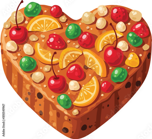 Heart-shaped dessert with fruit and nuts on a white background, featuring cherries, orange slices, and green candies on top.