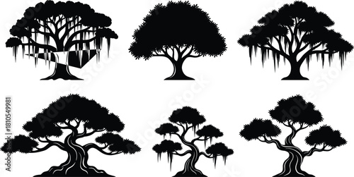 Collection of black tree silhouettes including banyan and bonsai styles, vector nature illustration, forest plant icons, monochrome design elements isolated on white background.