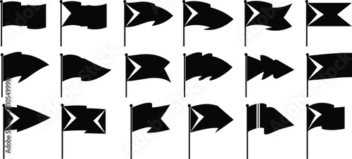 Collection of different black flag silhouettes on poles, isolated vector illustration set including pennants and swallowtails, design elements for sports or maps.