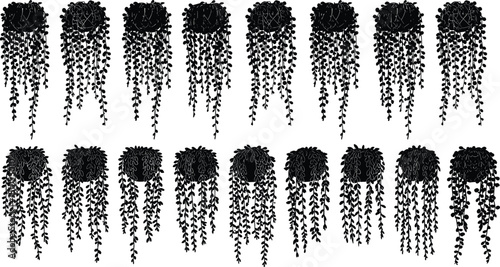 Collection of seventeen black hanging plant silhouettes in pots, vector illustration of trailing vines, nature decor elements isolated on white background.