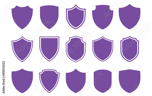 An assortment of purple shield icons and badge shapes, representing concepts of security, protection, safety, and defense in a flat design style