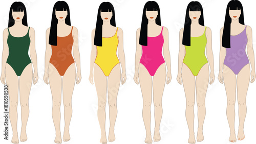 Female swimsuit fashion illustration, six color variations, standing pose, one-piece swimwear, vector model lineup, design reference, summer beachwear, stock image